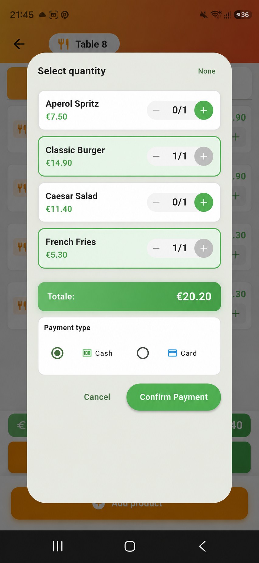 TableRica split payment displayed on a smartphone