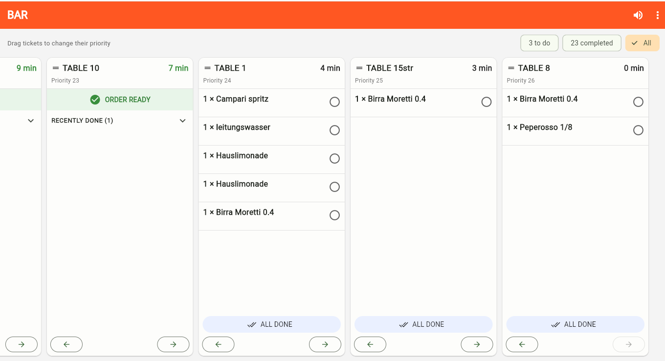 Original TableRica KDS showing compact order tickets on a landscape display